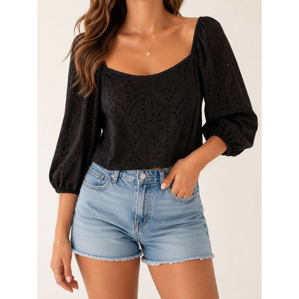 Socialite Black Eyelet Crop Top XL 100% Cotton Puff Sleeve Cottagecore Boho